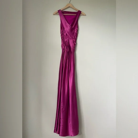 NEW Reformation Anaiis Long Silk Dress Hibiscus Tea Dark Pink Magenta | US 2 UK6 - Picture 11 of 16